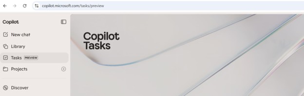 Microsoft Copilot Tasks desktop interface showing sidebar and preview mode