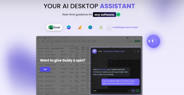 Guidy AI desktop assistant overlaid on an Excel spreadsheet for real-time guidance