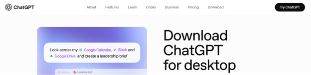 Download ChatGPT for desktop landing page showing integration features