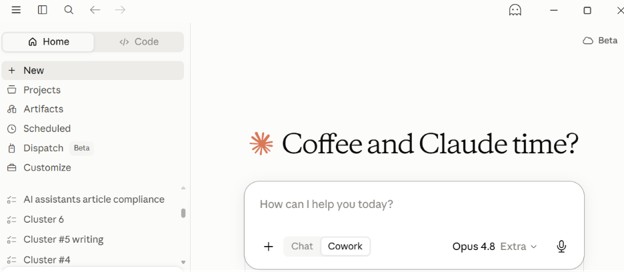 Claude desktop application interface with Coffee and Claude time prompt and Opus model