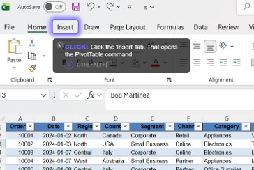Guidy, an on-screen ChatGPT alternative, circling exactly where to click to build a pivot table in Excel