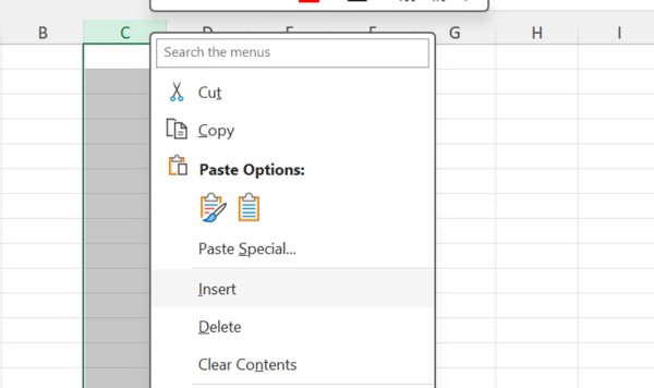 Excel context menu with the Insert option highlighted to add a new column