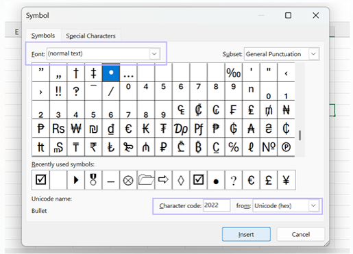 Showing how to insert bullet points in Excel using Charmap