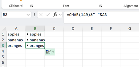 Showing how to make bullet points in Excel with the CHAR function
