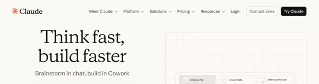 Claude AI homepage featuring headline 'Think fast, build faster'