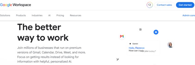 Google Workspace landing page showcasing integrated Gemini AI assistant features