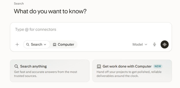 Perplexity AI search box interface featuring Computer mode and search shortcuts