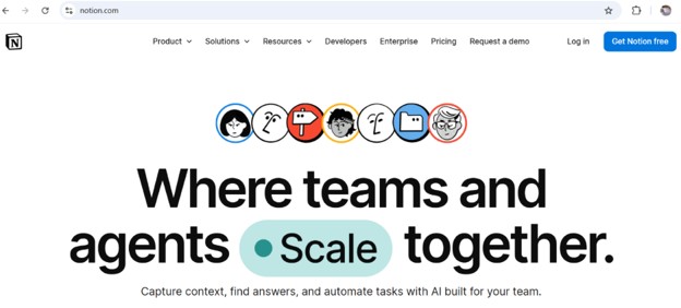 Notion AI homepage with headline 'Where teams and agents Scale together'