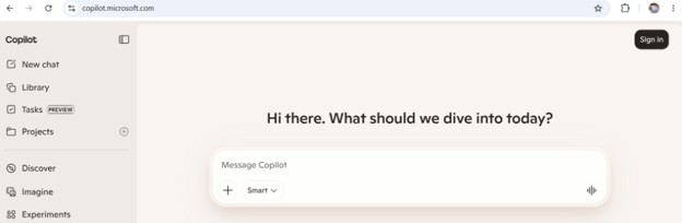 Microsoft Copilot start page asking 'Hi there. What should we dive into today?'